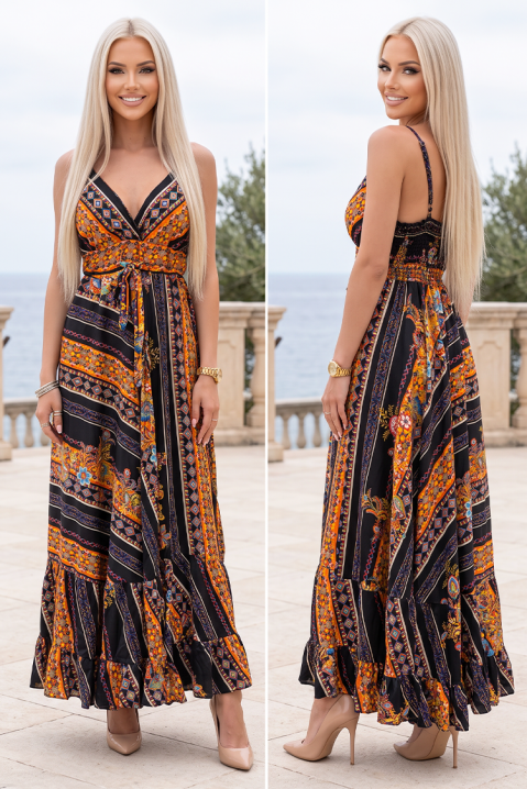 Rochie lungă spectaculoasă cu bretele subțiri, curea și imprimeu etno MIREZIA, Culoare: multicolor, IVET.RO - Reduceri de până la -80%