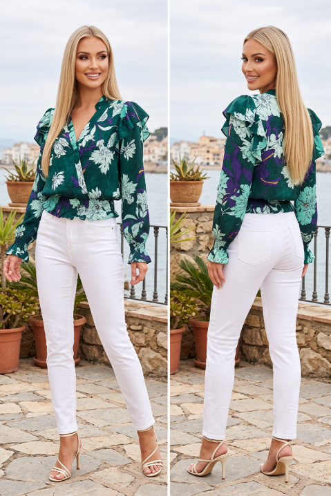 Bluză feminină vaporoasă cu imprimeu floral, decolteu petrecut și volane delicate FIORVENA GREEN, Culoare: multicolor, IVET.RO - Reduceri de până la -80%