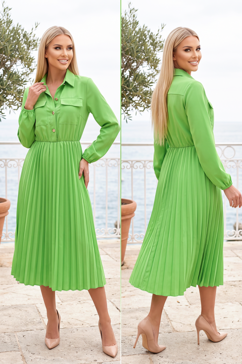 Rochie midi elegantă tip cămașă cu fustă plisată și talie accentuată SAVENORA GREEN, Culoare: verde, IVET.RO - Reduceri de până la -80%