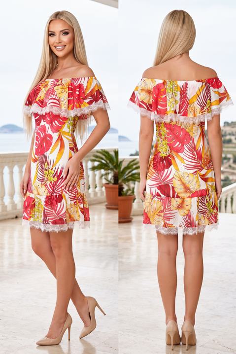 Rochie scurtă romantică cu imprimeu exotic tropical și umeri descoperiți AMBRISIA WHITE, Culoare: multicolor, IVET.RO - Reduceri de până la -80%