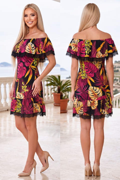 Rochie scurtă romantică cu imprimeu exotic tropical și umeri descoperiți AMBRISIA BLACK, Culoare: multicolor, IVET.RO - Reduceri de până la -80%