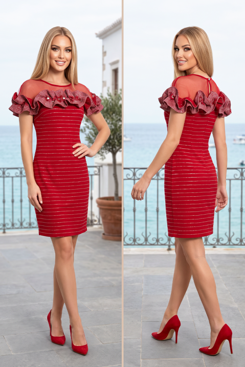 Rochie scurtă, ajustată, cu tul fin transparent și volane strălucitoare spectaculoase LUSCARA RED, Culoare: roșu, IVET.RO - Reduceri de până la -80%