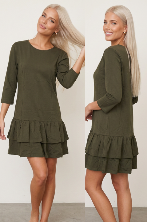 Rochie scurtă de zi cu croială lejeră, design simplu și dublu volan ZELMIARA KHAKI, Culoare: khaki, IVET.RO - Reduceri de până la -80%