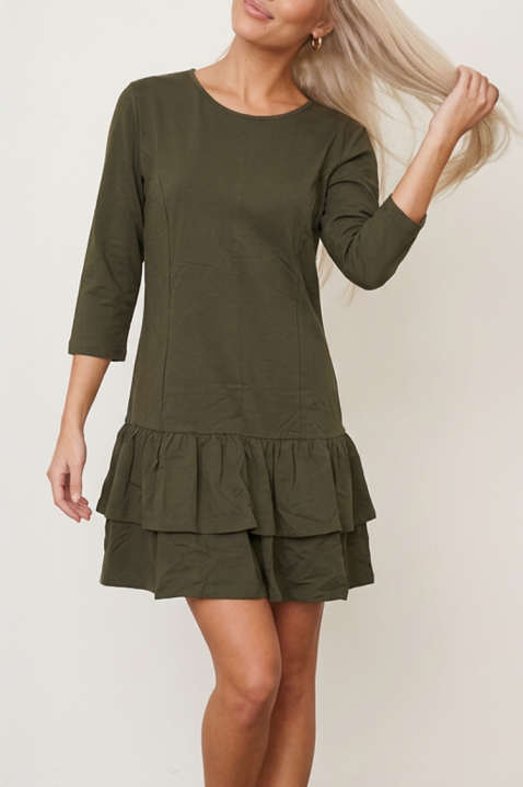 Rochie scurtă de zi cu croială lejeră, design simplu și dublu volan ZELMIARA KHAKI, Culoare: khaki, IVET.RO - Reduceri de până la -80%