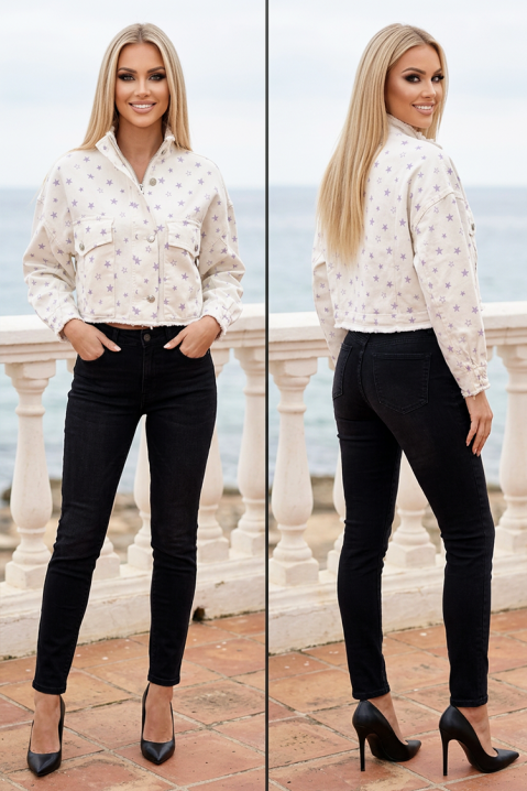 Jachetă scurtă de damă din denim cu imprimeu de stele și margini neterminate ASTRIELA WHITE, Culoare: alb, IVET.RO - Reduceri de până la -80%