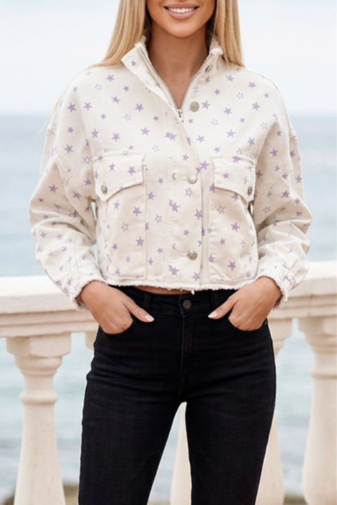 Jachetă scurtă de damă din denim cu imprimeu de stele și margini neterminate ASTRIELA WHITE, Culoare: alb, IVET.RO - Reduceri de până la -80%