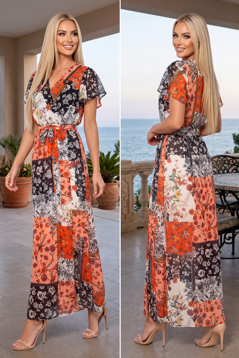 Rochie lungă impresionantă cu imprimeu patchwork floral bogat și mâneci scurte romantice FIORISCA ORANGE, Culoare: multicolor, IVET.RO - Reduceri de până la -80%