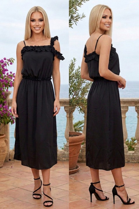 Rochie midi fermecătoare cu umăr asimetric descoperit și volane delicate NERAVICA BLACK, Culoare: negru, IVET.RO - Reduceri de până la -80%