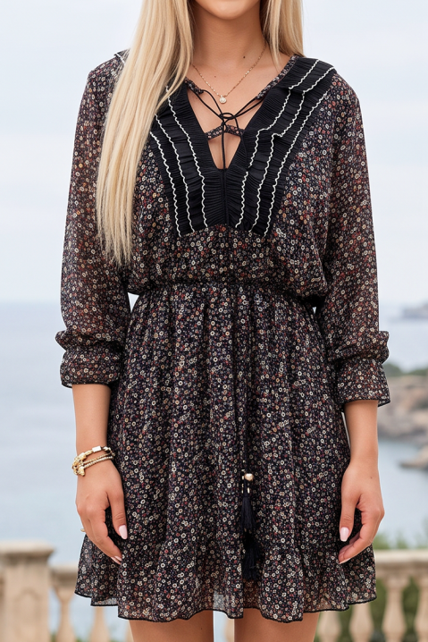 Rochie boho scurtă, delicată, cu imprimeu floral și decolteu sexy cu legături spectaculoase ALVESTRA BLACK, Culoare: multicolor, IVET.RO - Reduceri de până la -80%