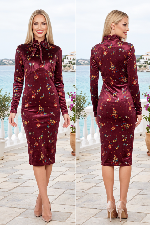 Rochie midi cambrată, aristocratică, cu motive florale fine și guler înalt spectaculos cu fundă ORSELITA BORDO, Culoare: bordo, IVET.RO - Reduceri de până la -80%