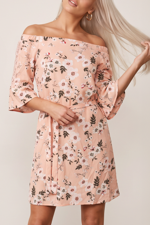 Rochie scurtă cochetă cu umeri descoperiți și imprimeu floral delicat cu motive din dantelă SERENICA PEACH, Culoare: piersică, IVET.RO - Reduceri de până la -80%