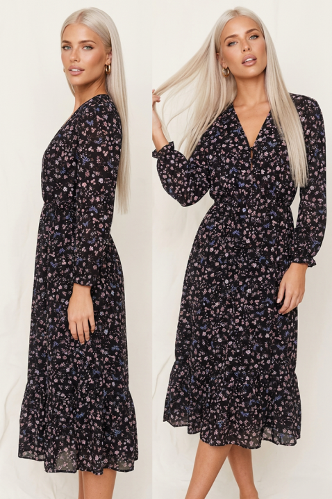 Rochie midi romantică cu imprimeu floral delicat și fustă evazată cu volan fin VALENTIERA BLACK, Culoare: multicolor, IVET.RO - Reduceri de până la -80%
