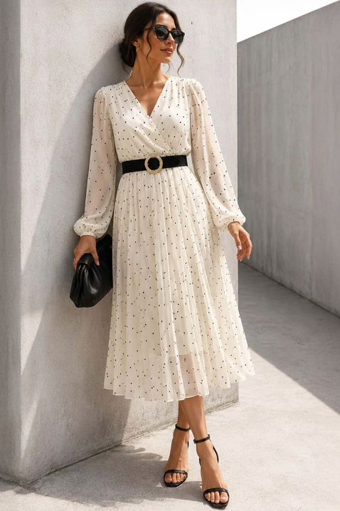 Rochie elegantă midi plisată cu decolteu în V petrecut și curea SELASTINIA, Culoare: ecru, IVET.RO - Reduceri de până la -80%