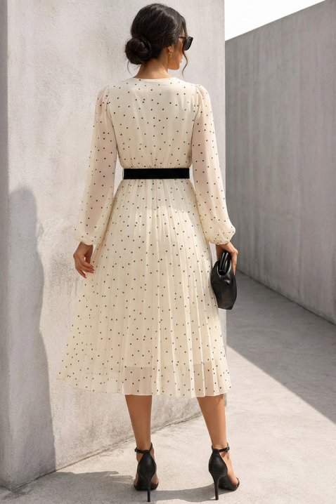 Rochie elegantă midi plisată cu decolteu în V petrecut și curea SELASTINIA, Culoare: ecru, IVET.RO - Reduceri de până la -80%