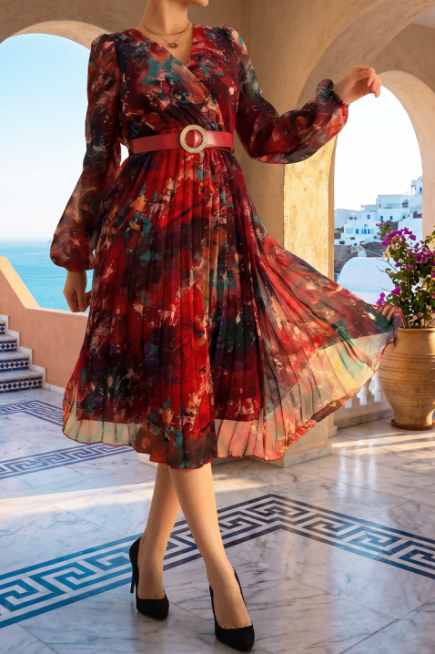 Rochie midi vaporoasă cu detalii plisate și curea REDINIA, Culoare: multicolor, IVET.RO - Reduceri de până la -80%