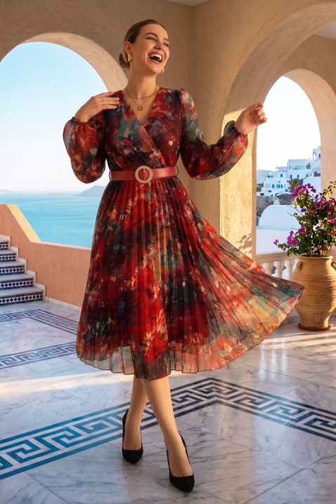 Rochie midi vaporoasă cu detalii plisate și curea REDINIA, Culoare: multicolor, IVET.RO - Reduceri de până la -80%