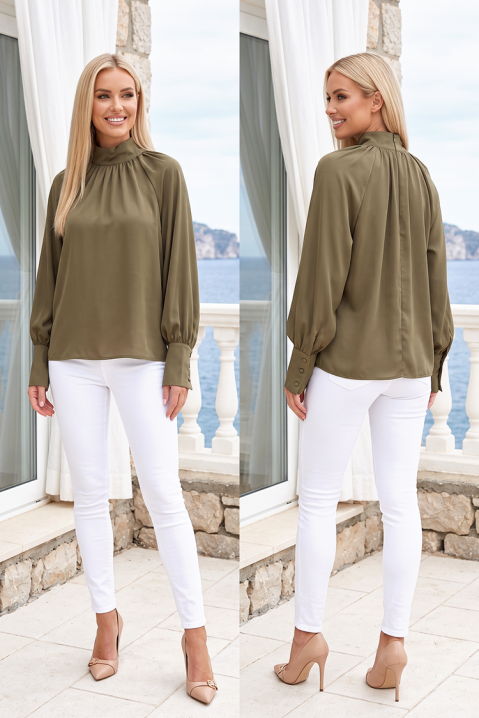 Bluză elegantă pentru femei cu guler înalt și mâneci lungi cu manșete late SERFOLIA KHAKI, Culoare: khaki, IVET.RO - Reduceri de până la -80%
