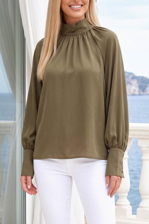 Bluză elegantă pentru femei cu guler înalt și mâneci lungi cu manșete late SERFOLIA KHAKI, Culoare: khaki, IVET.RO - Reduceri de până la -80%