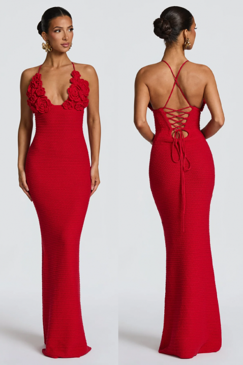 Rochie maxi tricotată cu decorațiuni florale și spate tip corset MILESITA RED, Culoare: roșu, IVET.RO - Reduceri de până la -80%