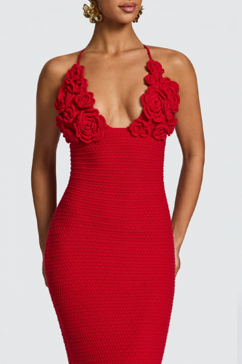 Rochie maxi tricotată cu decorațiuni florale și spate tip corset MILESITA RED, Culoare: roșu, IVET.RO - Reduceri de până la -80%