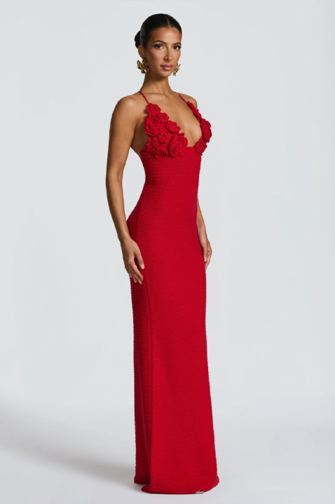 Rochie maxi tricotată cu decorațiuni florale și spate tip corset MILESITA RED, Culoare: roșu, IVET.RO - Reduceri de până la -80%