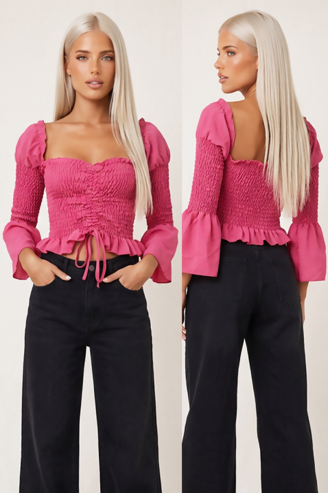 Bluză scurtă feminină cu efect drapat și mâneci evazate ZEFIRAVIA PINK, Culoare: roz, IVET.RO - Reduceri de până la -80%