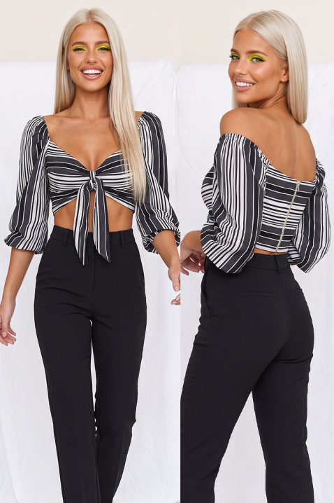 Top crop de damă cu dungi, legături și mâneci bufante KAVENA BLACK, Culoare: negru și alb, IVET.RO - Reduceri de până la -80%