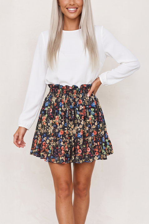 Fustă scurtă cu talie înaltă elastică și imprimeu floral CIREVANA BLACK, Culoare: negru, IVET.RO - Reduceri de până la -80%