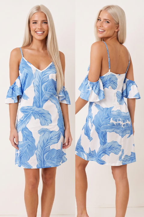 Rochie scurtă fermecătoare cu umeri goi și imprimeu tropical exotic FLORAVESA BLUE, Culoare: alb și albastru   , IVET.RO - Reduceri de până la -80%