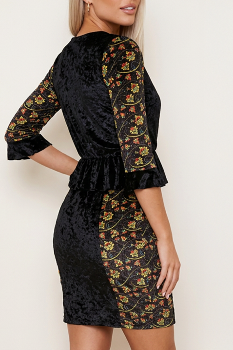 Rochie mini din catifea cu panouri florale și motiv peplum ATILERA BLACK, Culoare: negru, IVET.RO - Reduceri de până la -80%