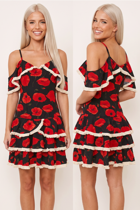 Rochie scurtă florală cu volane în cascadă și tiv decorativ TERENISA RED, Culoare: multicolor, IVET.RO - Reduceri de până la -80%