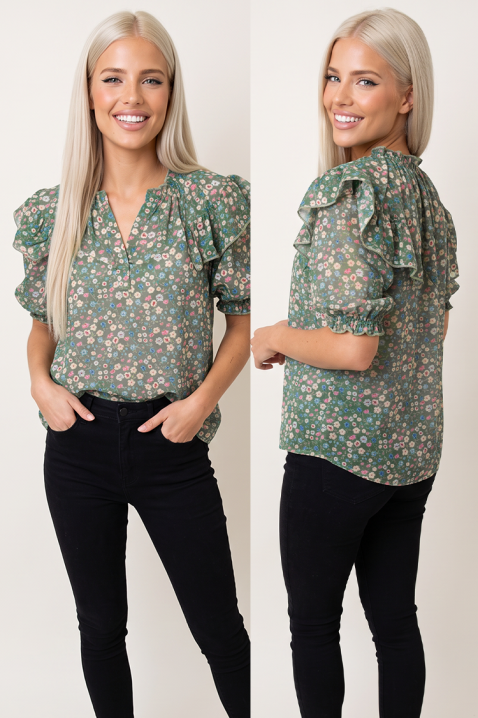Bluză romantică de damă cu imprimeu floral și volane spectaculoase în straturi VELMORIZA GREEN, Culoare: multicolor, IVET.RO - Reduceri de până la -80%