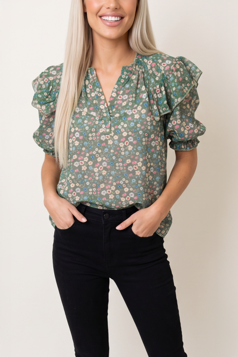 Bluză romantică de damă cu imprimeu floral și volane spectaculoase în straturi VELMORIZA GREEN, Culoare: multicolor, IVET.RO - Reduceri de până la -80%