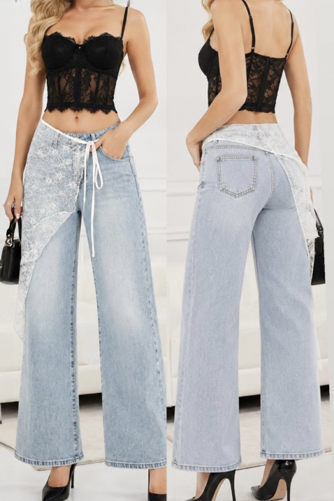 Blugi damă cu crac larg și curea decorativă din dantelă VEILIA, Culoare: denim, IVET.RO - Reduceri de până la -80%