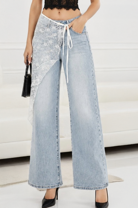Blugi damă cu crac larg și curea decorativă din dantelă VEILIA, Culoare: denim, IVET.RO - Reduceri de până la -80%