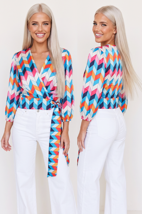 Bluză damă cu imprimeu geometric și mâneci voluminoase ZELVORIA BLUE, Culoare: multicolor, IVET.RO - Reduceri de până la -80%