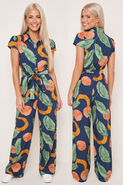 Salopetă lungă artistică pentru femei cu imprimeu tropical impresionant și guler tip cămașă elegant ORANVESA NAVY, Culoare: multicolor, IVET.RO - Reduceri de până la -80%