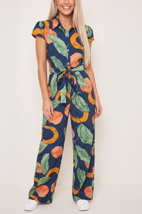 Salopetă lungă artistică pentru femei cu imprimeu tropical impresionant și guler tip cămașă elegant ORANVESA NAVY, Culoare: multicolor, IVET.RO - Reduceri de până la -80%