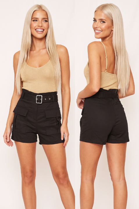 Pantaloni scurți cargo pentru femei cu talie înaltă și buzunare funcționale ALVADINA BLACK, Culoare: negru, IVET.RO - Reduceri de până la -80%