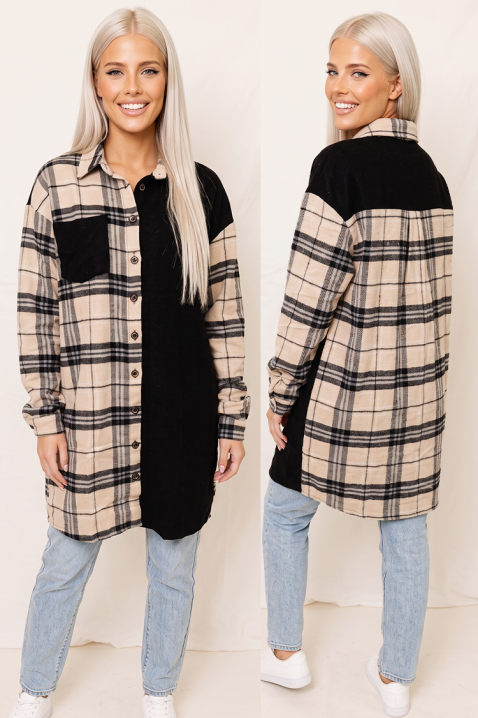 Cămașă lungă casual tip jachetă pentru femei cu design asimetric și carouri contrastante BREVANZIA BLACK, Culoare: ro negru cu bej, IVET.RO - Reduceri de până la -80%