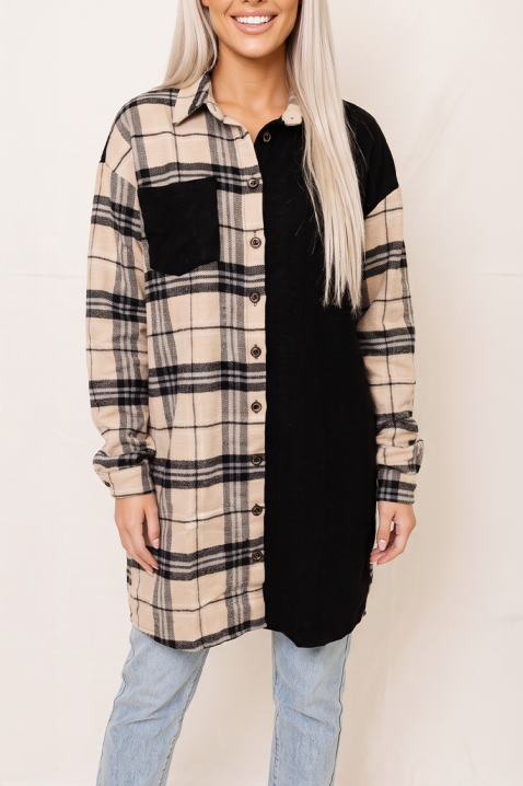 Cămașă lungă casual tip jachetă pentru femei cu design asimetric și carouri contrastante BREVANZIA BLACK, Culoare: ro negru cu bej, IVET.RO - Reduceri de până la -80%