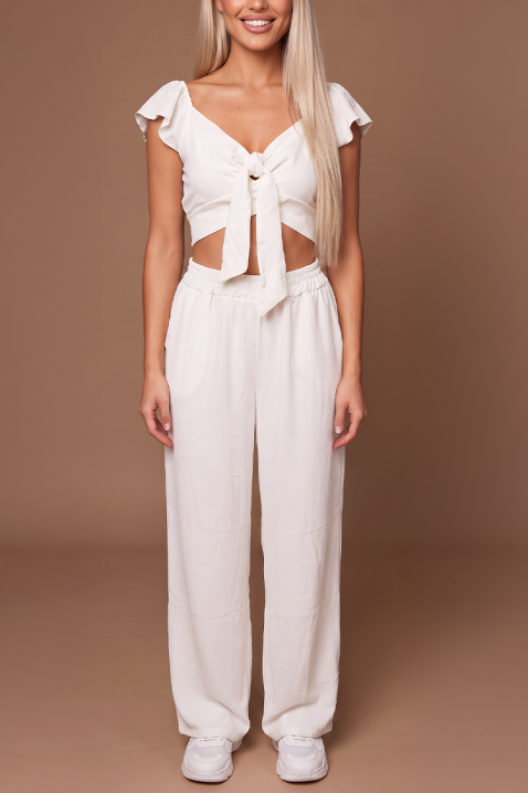 Set de damă de vară din două piese pantaloni largi și crop top cu legături SVENSELA WHITE, Culoare: alb, IVET.RO - Reduceri de până la -80%