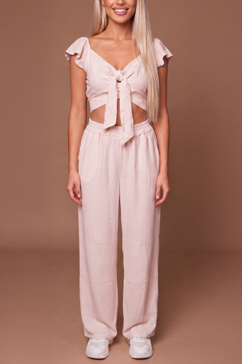 Set de damă de vară din două piese pantaloni largi și crop top cu legături SVENSELA PUDRA, Culoare: pudră, IVET.RO - Reduceri de până la -80%