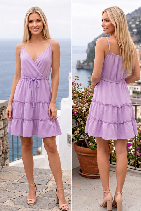 Rochie scurtă delicată cu bretele subțiri și volane KARINIA LILA, Culoare: lila, IVET.RO - Reduceri de până la -80%