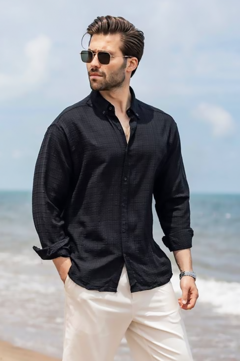 Cămașă bărbătească cu mâneci lungi din bumbac texturat BRANDINO BLACK, Culoare: negru, IVET.RO - Reduceri de până la -80%