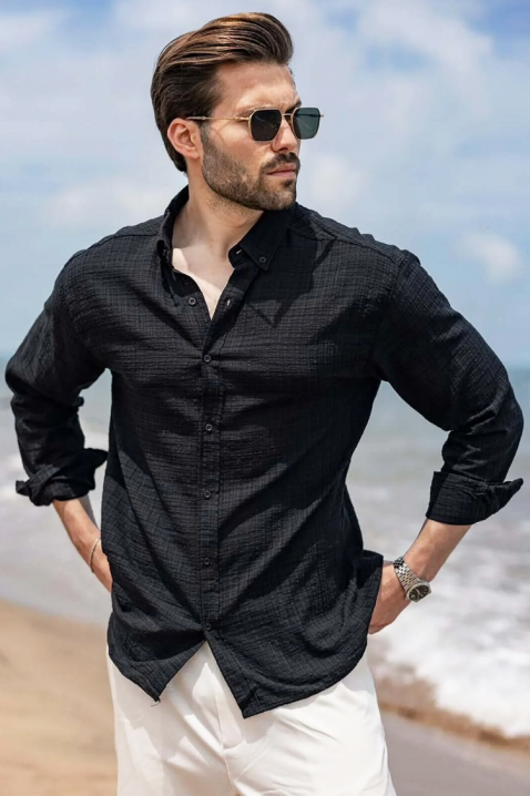 Cămașă bărbătească cu mâneci lungi din bumbac texturat BRANDINO BLACK, Culoare: negru, IVET.RO - Reduceri de până la -80%