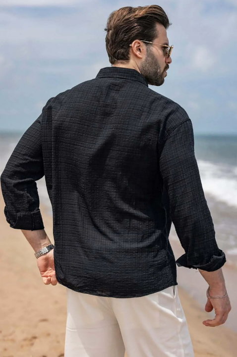 Cămașă bărbătească cu mâneci lungi din bumbac texturat BRANDINO BLACK, Culoare: negru, IVET.RO - Reduceri de până la -80%