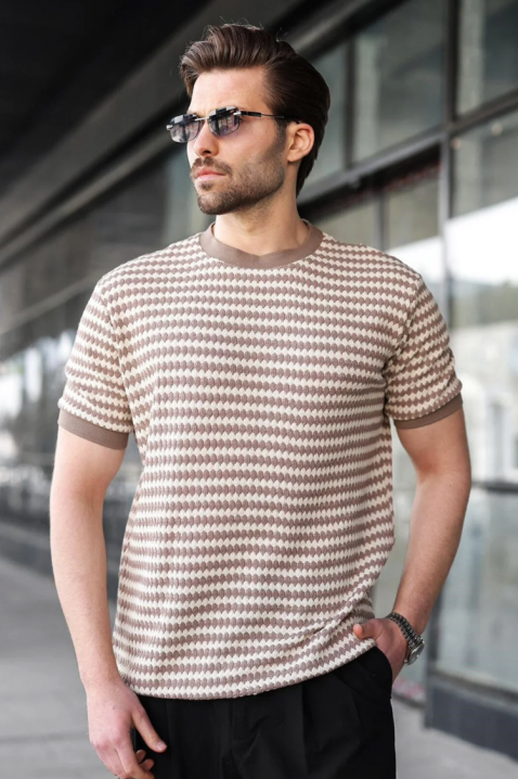 Tricou bărbătesc cu textură în relief și model geometric bicolor RENAVIO, Culoare: alb cu bej, IVET.RO - Reduceri de până la -80%