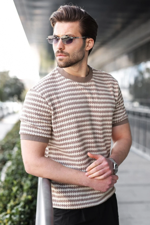 Tricou bărbătesc cu textură în relief și model geometric bicolor RENAVIO, Culoare: alb cu bej, IVET.RO - Reduceri de până la -80%