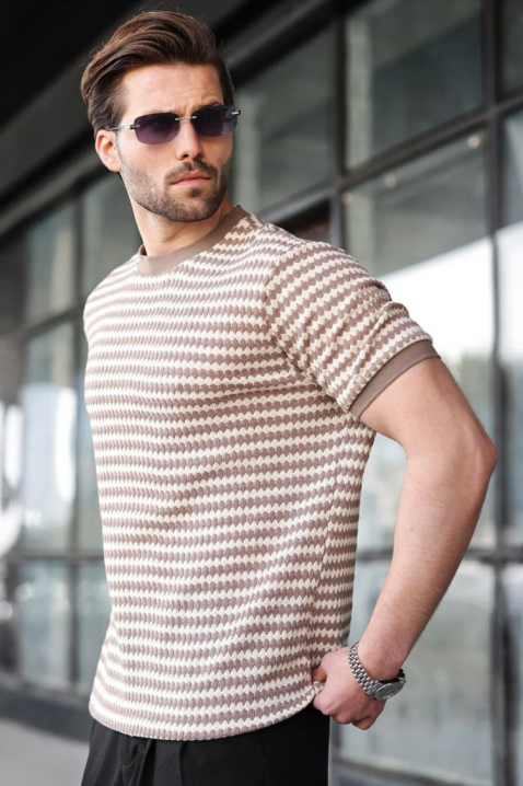 Tricou bărbătesc cu textură în relief și model geometric bicolor RENAVIO, Culoare: alb cu bej, IVET.RO - Reduceri de până la -80%